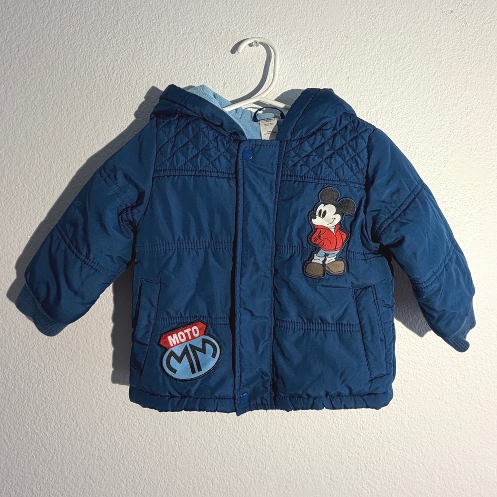 Disney Baby Mickey Mouse Blue Puffer Jacket Hooded Fleece Lined 12-18 Months